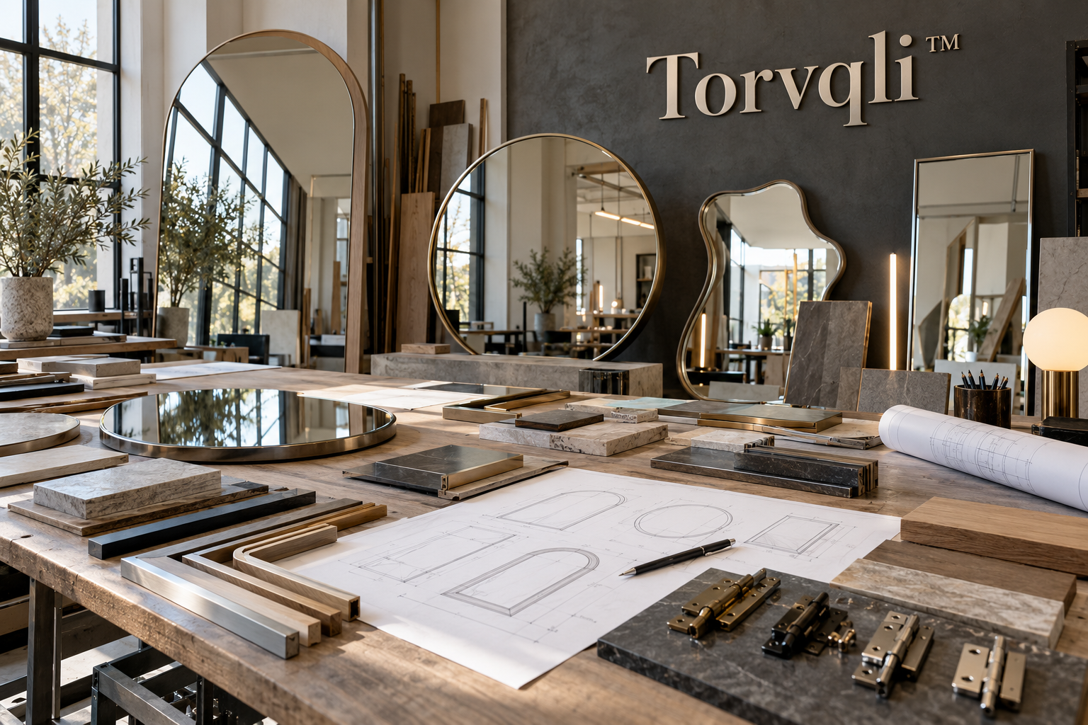 Torvqli mirror design studio with framed mirror samples, metal finishes, sketches and warm reflected light